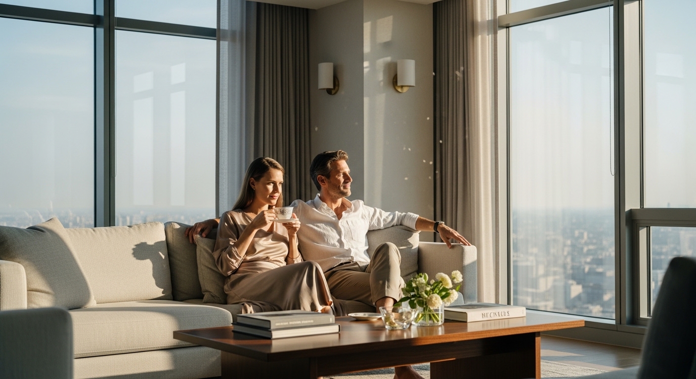 Premium architectural window campaign concept in a modern interior
